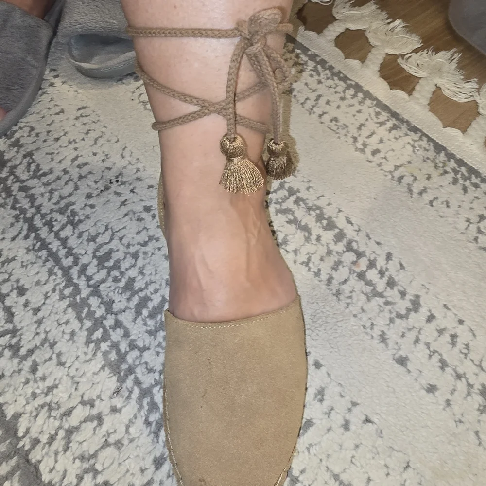 Toms, Katalina Toffee Suede Wrap Ankle Espadrilles, Womens Boho Shoes W 10